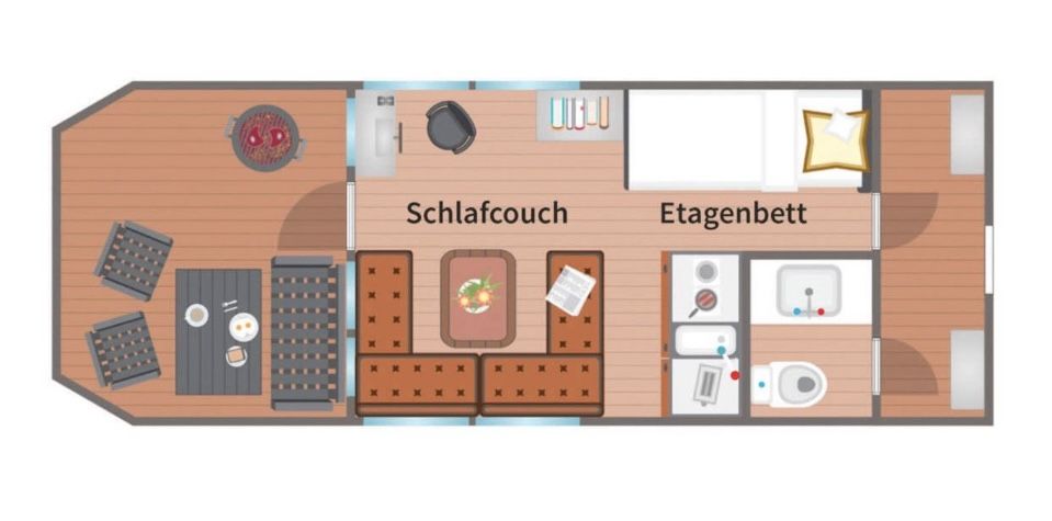 Grundriss des Hausbootes: Bug mit Grill, überdachter Eingang, Wohnbereich mit Schlafcouch und Esstisch, Bad, Schlafkabine mit Etagenbett am Heck.